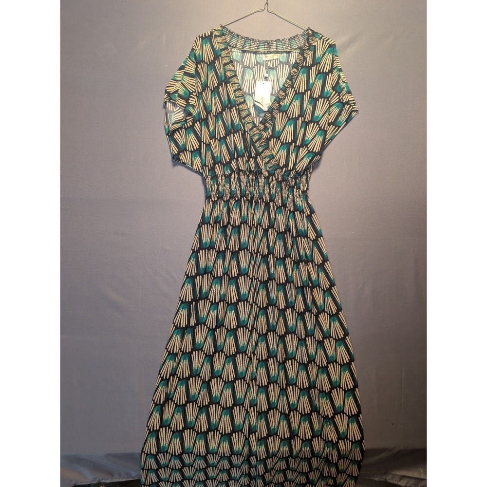 Seven Islands Maxi Dress Womens 1X Green Black Geometric Smocked Waist Boho Chic
